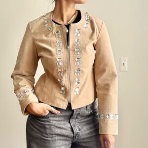 Rhinestone Genuine Leather Jacket Tan Bedazzled Y2K Vintage